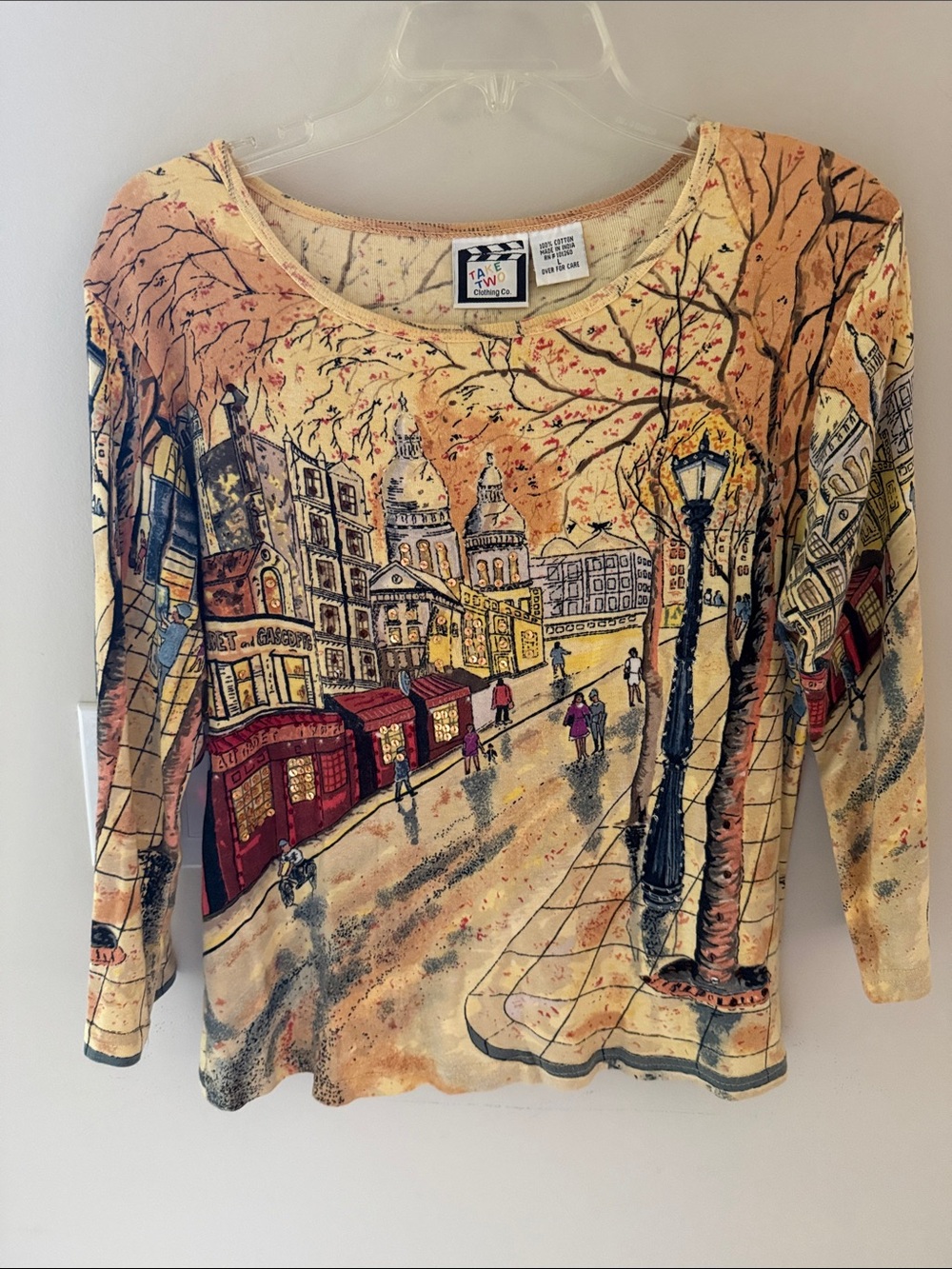 Take Two Scenic City Print Embellished 3/4 Sleeve Top Large Y2K Paris Art